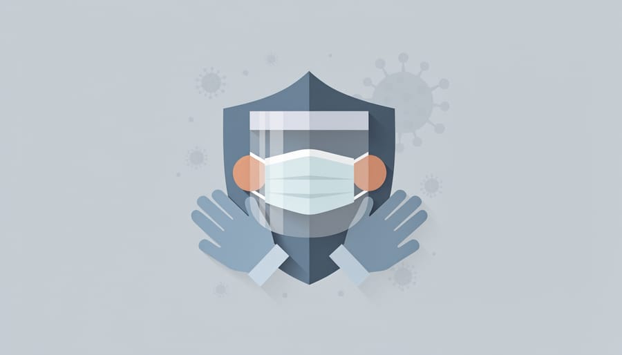 Close-up of gloved hands holding a translucent face mask above a clinic sink