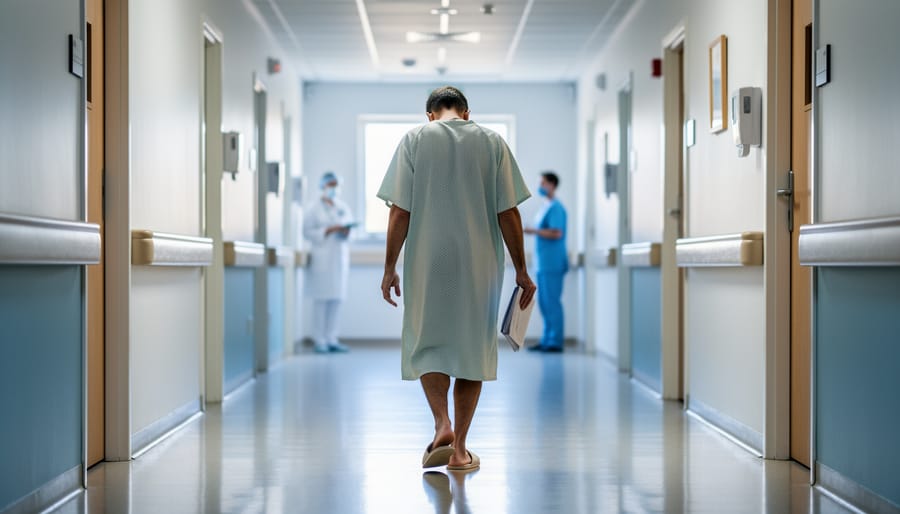 A solitary patient walking down a hospital corridor at dusk, conveying uncertainty and contemplation.